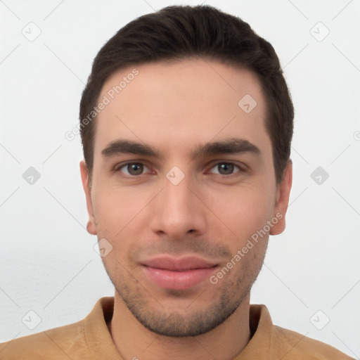 Neutral white young-adult male with short  brown hair and brown eyes