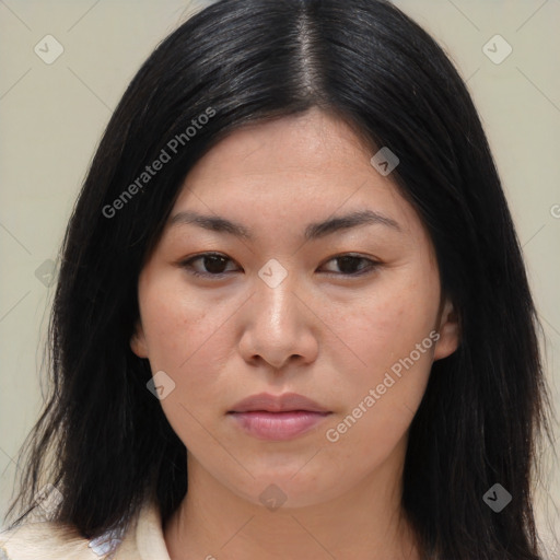 Joyful asian young-adult female with medium  black hair and brown eyes