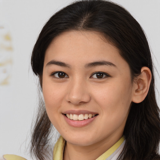 Joyful white young-adult female with medium  brown hair and brown eyes