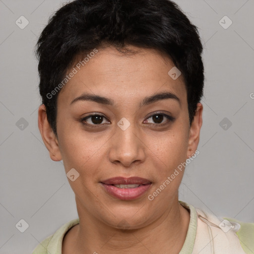 Joyful white young-adult female with short  brown hair and brown eyes