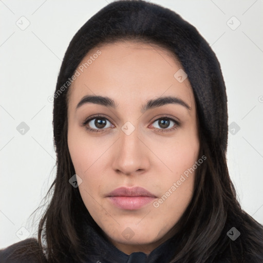 Neutral latino young-adult female with long  black hair and brown eyes