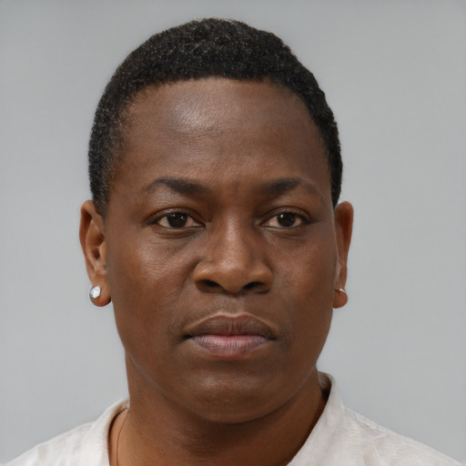 Neutral black young-adult female with short  brown hair and brown eyes