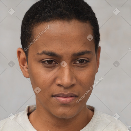 Joyful black young-adult male with short  brown hair and brown eyes