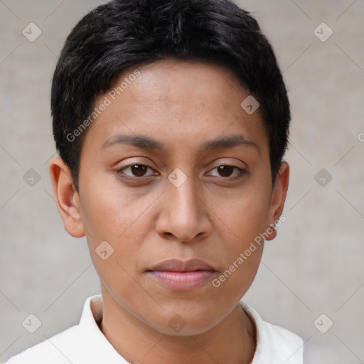 Joyful latino young-adult female with short  brown hair and brown eyes