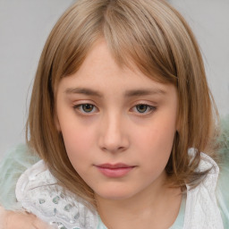 Neutral white child female with medium  brown hair and blue eyes