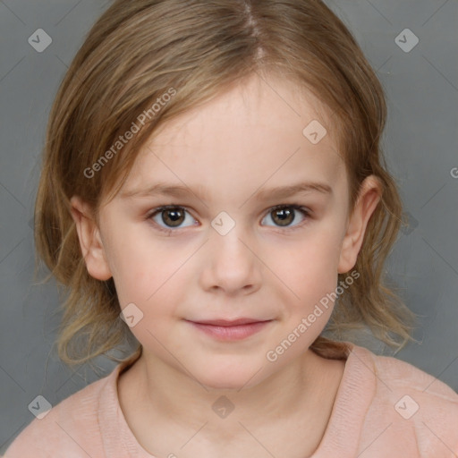 Joyful white child female with medium  brown hair and brown eyes