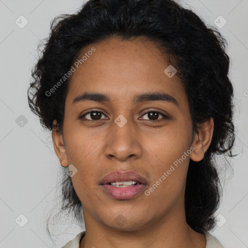 Joyful latino young-adult female with medium  black hair and brown eyes