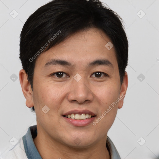 Joyful asian young-adult male with short  brown hair and brown eyes