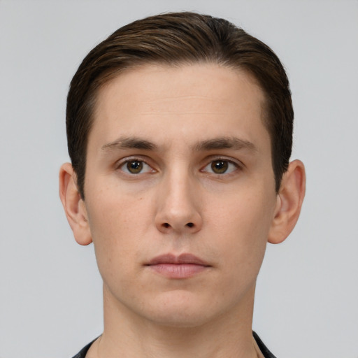 Neutral white young-adult male with short  brown hair and brown eyes