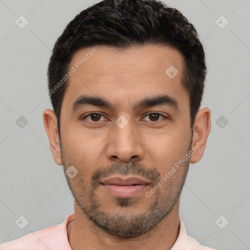 Neutral latino young-adult male with short  black hair and brown eyes