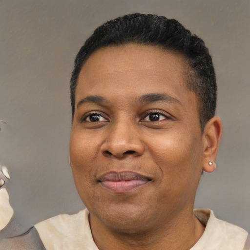 Joyful black young-adult male with short  brown hair and brown eyes