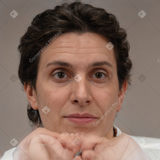 Joyful white adult female with short  brown hair and brown eyes