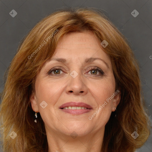 Joyful white adult female with long  brown hair and brown eyes