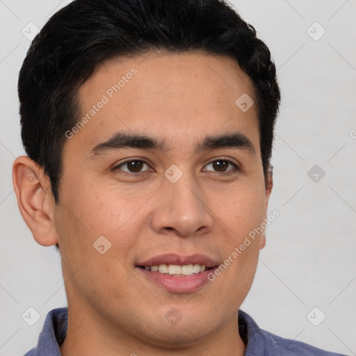 Joyful latino young-adult male with short  brown hair and brown eyes