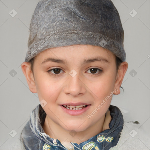 Joyful white child female with short  brown hair and brown eyes