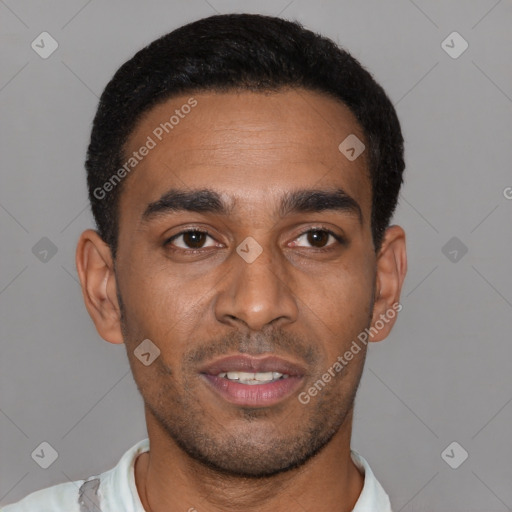 Neutral latino young-adult male with short  black hair and brown eyes