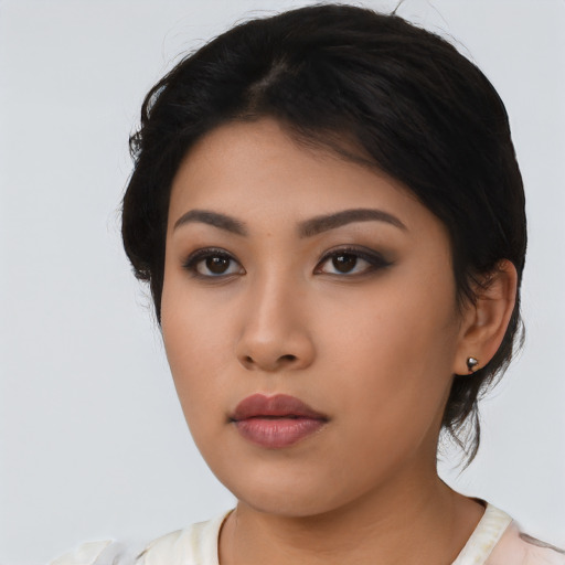 Neutral asian young-adult female with long  black hair and brown eyes