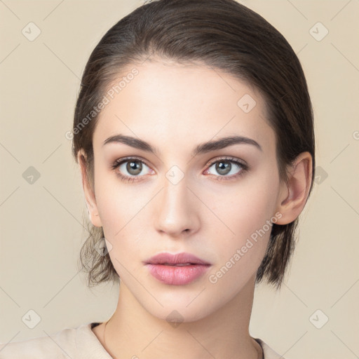 Neutral white young-adult female with medium  brown hair and brown eyes