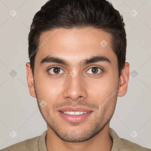 Joyful white young-adult male with short  brown hair and brown eyes