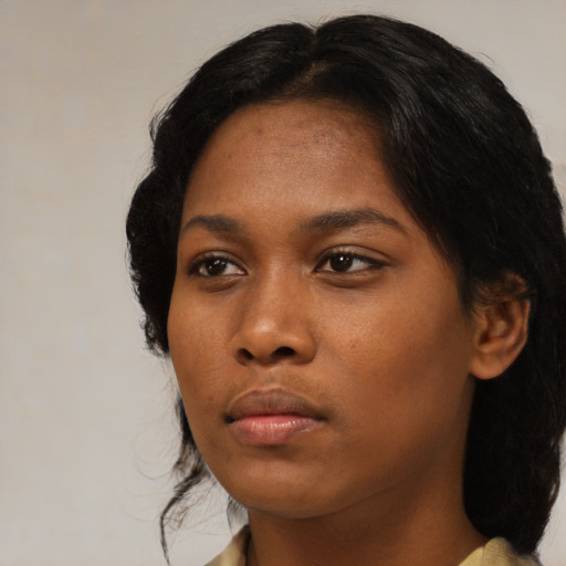Neutral asian young-adult female with medium  black hair and brown eyes