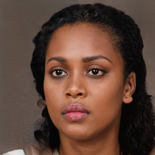 Neutral black young-adult female with long  black hair and brown eyes