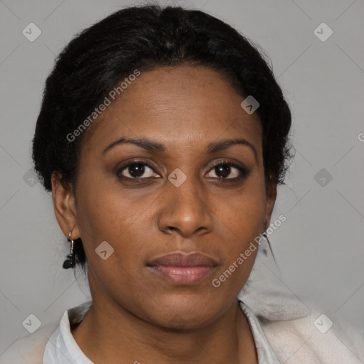 Neutral black young-adult female with short  brown hair and brown eyes