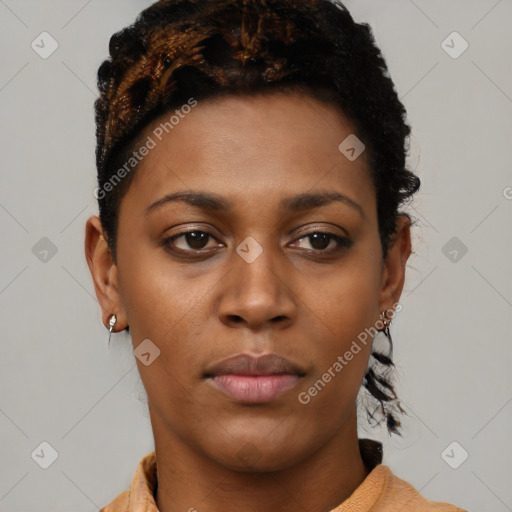 Neutral black young-adult female with short  brown hair and brown eyes