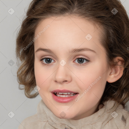 Joyful white child female with medium  brown hair and brown eyes