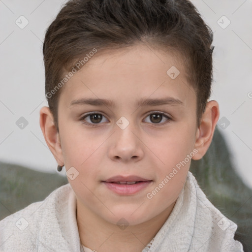 Joyful white child female with short  brown hair and brown eyes