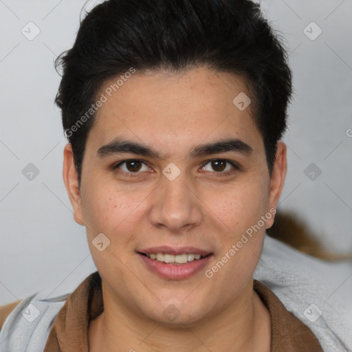 Joyful latino young-adult male with short  brown hair and brown eyes