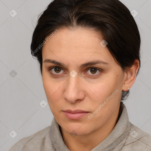 Neutral white young-adult female with short  brown hair and brown eyes