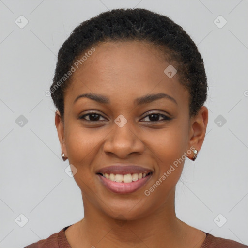 Joyful latino young-adult female with short  black hair and brown eyes