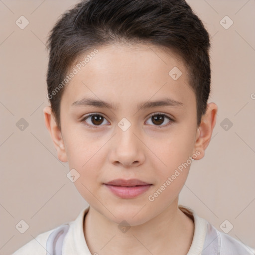 Joyful white child female with short  brown hair and brown eyes