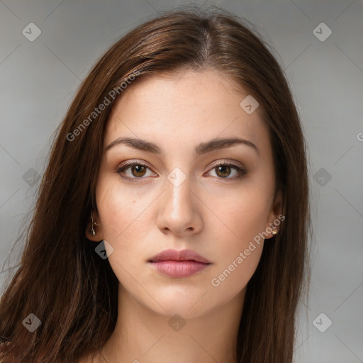 Neutral white young-adult female with long  brown hair and brown eyes