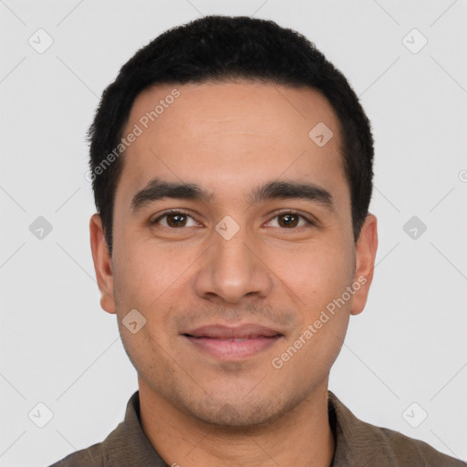 Joyful latino young-adult male with short  black hair and brown eyes