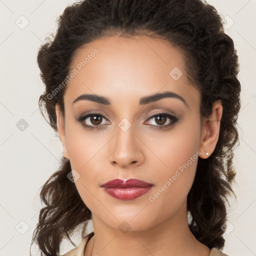 Neutral latino young-adult female with long  brown hair and brown eyes