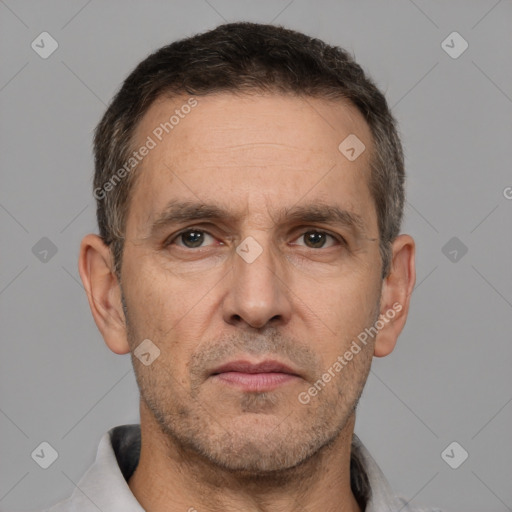 Neutral white adult male with short  brown hair and brown eyes