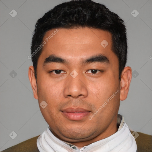 Neutral asian young-adult male with short  black hair and brown eyes