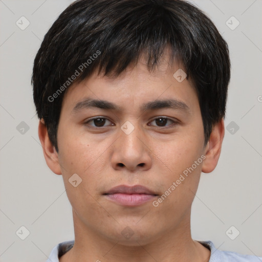 Neutral asian young-adult male with short  brown hair and brown eyes