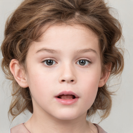 Neutral white child female with medium  brown hair and grey eyes