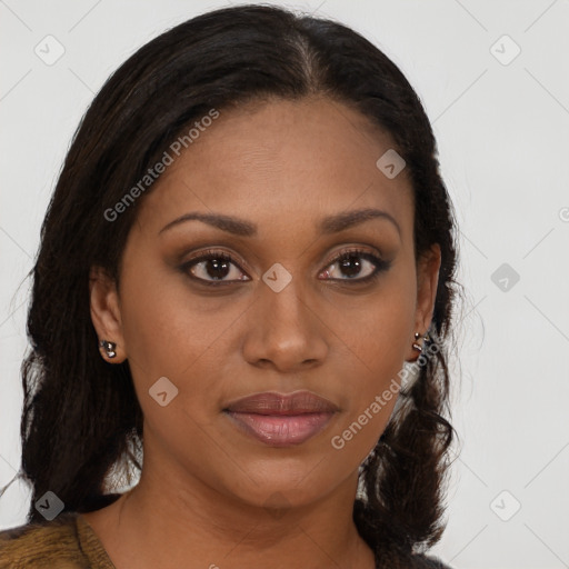 Joyful black young-adult female with medium  brown hair and brown eyes