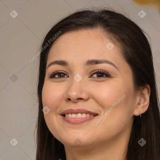 Joyful white young-adult female with long  brown hair and brown eyes