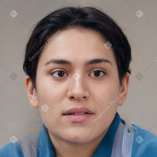 Neutral white young-adult female with medium  brown hair and brown eyes