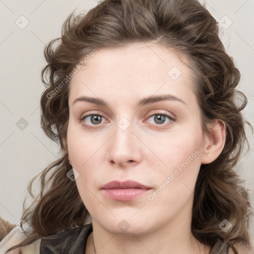 Neutral white young-adult female with medium  brown hair and blue eyes