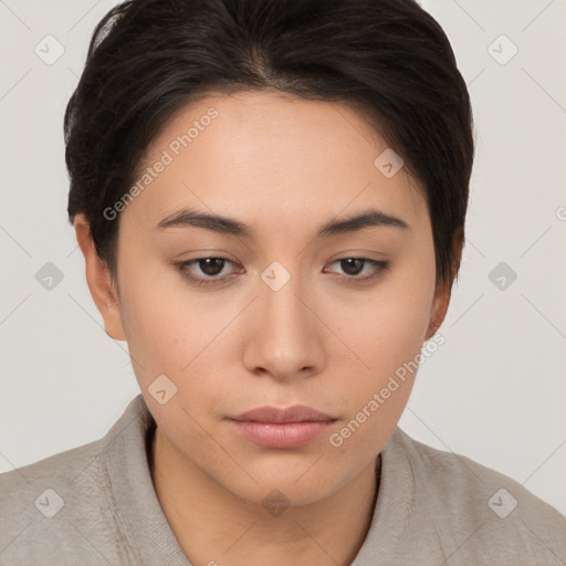 Neutral white young-adult female with medium  brown hair and brown eyes