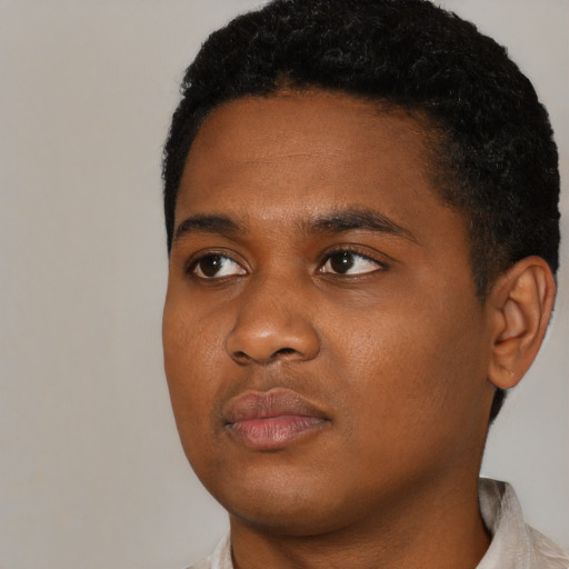 Neutral black young-adult male with short  black hair and brown eyes