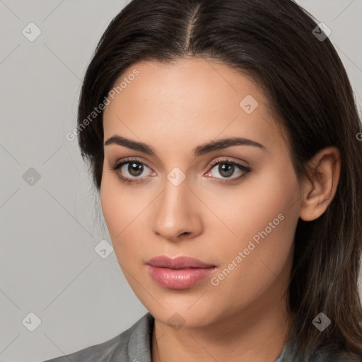 Neutral white young-adult female with long  brown hair and brown eyes