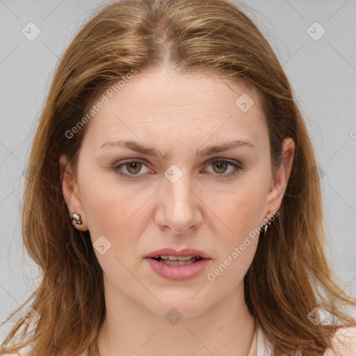 Joyful white young-adult female with long  brown hair and grey eyes