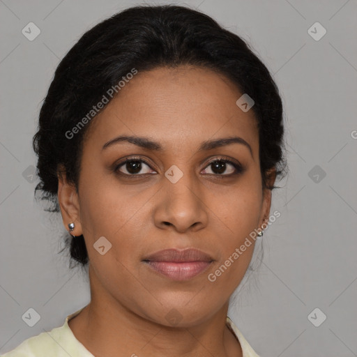 Joyful latino young-adult female with short  brown hair and brown eyes