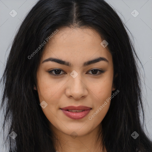 Joyful asian young-adult female with long  brown hair and brown eyes